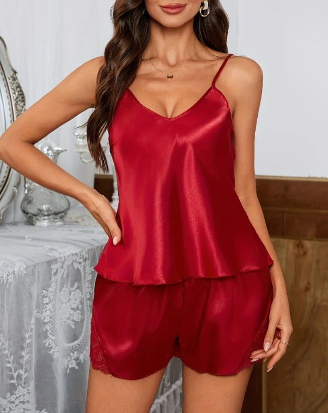 New Fashion 2023 Casual Summer Womens Two Piece Sets Outfit Sexy Floral Print Lace Trim Sleep Cami Set Female Clothing