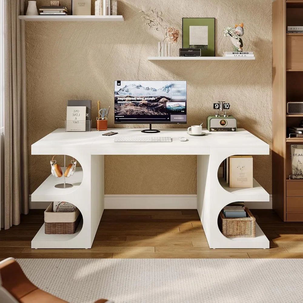 Office Desk, 63" Computer Desk with Storage Shelves, Modern Wood Study Writing Table, Large Workstation Business Furniture