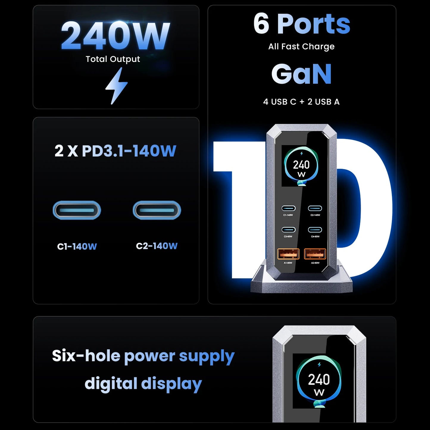 240W GaN Charger 6-IN-1 140W PD3.1 PPS USB Type C Digital Display Fast Charging Station for iPhone 16 15 MacBook Laptops Samsung