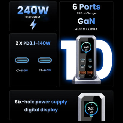 240W GaN Charger 6-IN-1 140W PD3.1 PPS USB Type C Digital Display Fast Charging Station for iPhone 16 15 MacBook Laptops Samsung