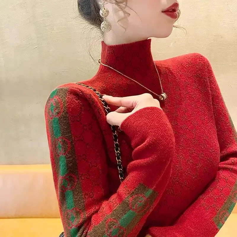 Autumn Winter Vintage All-match Slim Mock Neck Sweaters Women Clothing Elegant Chic Long Sleeve Knit Pullovers Lady Fashion Top