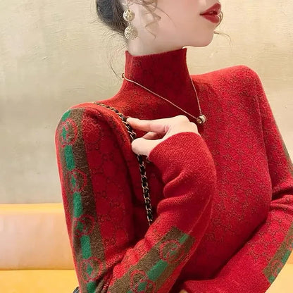 Autumn Winter Vintage All-match Slim Mock Neck Sweaters Women Clothing Elegant Chic Long Sleeve Knit Pullovers Lady Fashion Top