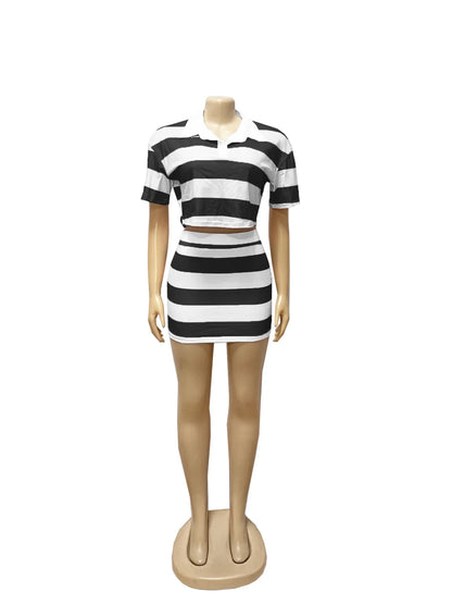 Fashionable Women's Stripe Color Block Shortie Set TW683-1 Bicolor Collar Crop Top with Skirt Polyester Fiber Knee-Length