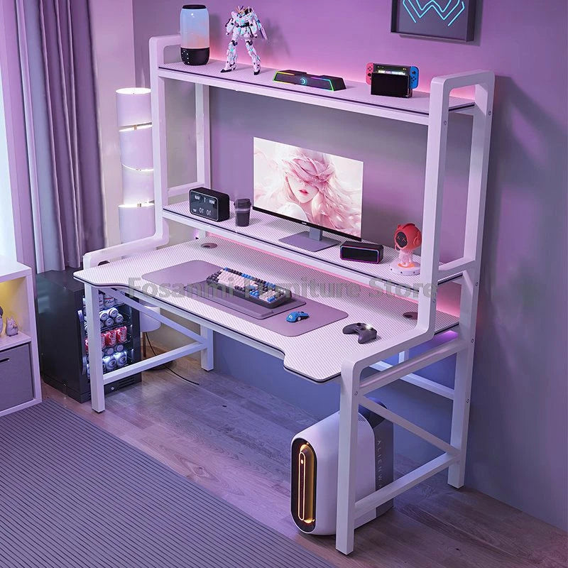 Wide Desktop Office Desk with Storage Shelf Modern Steel Frame Table for Bedroom Study Durable Computer Desks for Gaming Writing