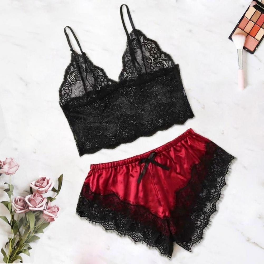 Spaghetti Strap Shorts Women Sleepwear Set Elastic Solid Color Female Camisole Shorts Lace Women Sleepwear Set