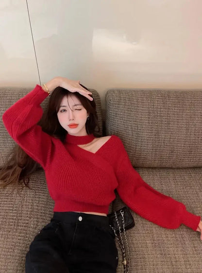 2024 New Halter Neck Off-the-shoulder Cropped Sweater Women's Autumn/winter Outerwear Waist-fitted Korean Knitted Top Sleeve