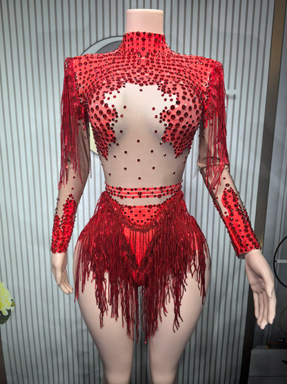 Rhinestones Women DanceCostume Fringes One Shoulder Bodysuit  Sexy Skinny Leotard Singer Dancer Show StageWear Sparkly Blue