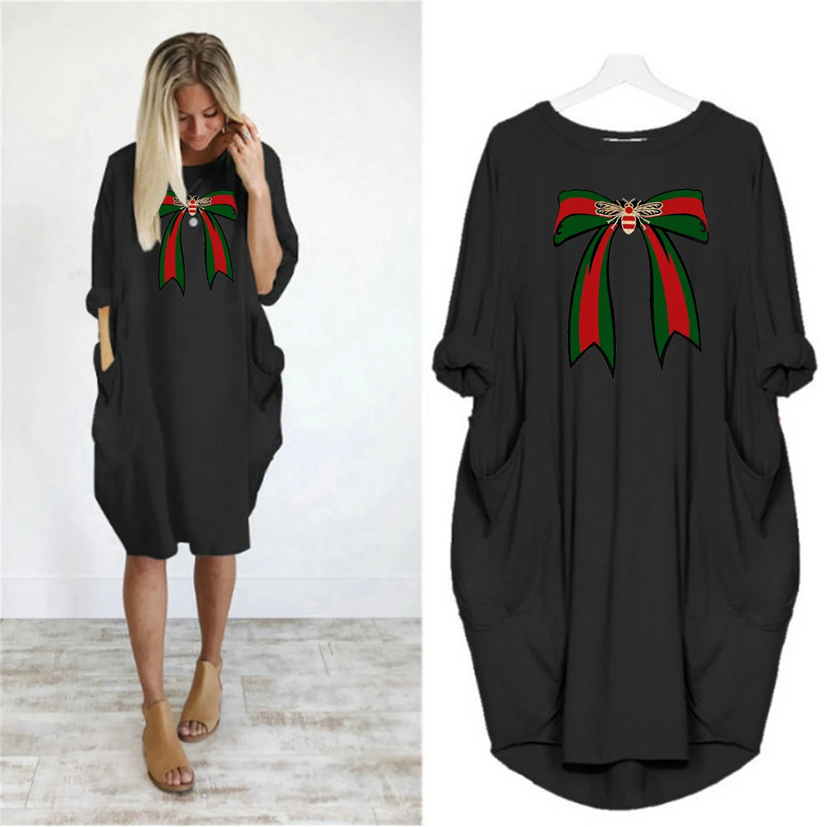 Ladies' summer loose bee bow pattern printed round neck short sleeved pocket comfortable casual plus size dress