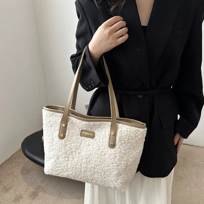 Soft Handbag Large Capacity Fall Winter Shoulder Bag Women Lamb Wool Tote Bag Zipper Closure Casual Shopping Traveling Tote