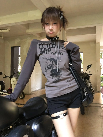 Karrram Japanese Y2k Off Shoulder T-shirt Grunge Aesthetics Graffiti Print Long Sleeve Tee Shirt Vintage Harajuku Streetwear 90s