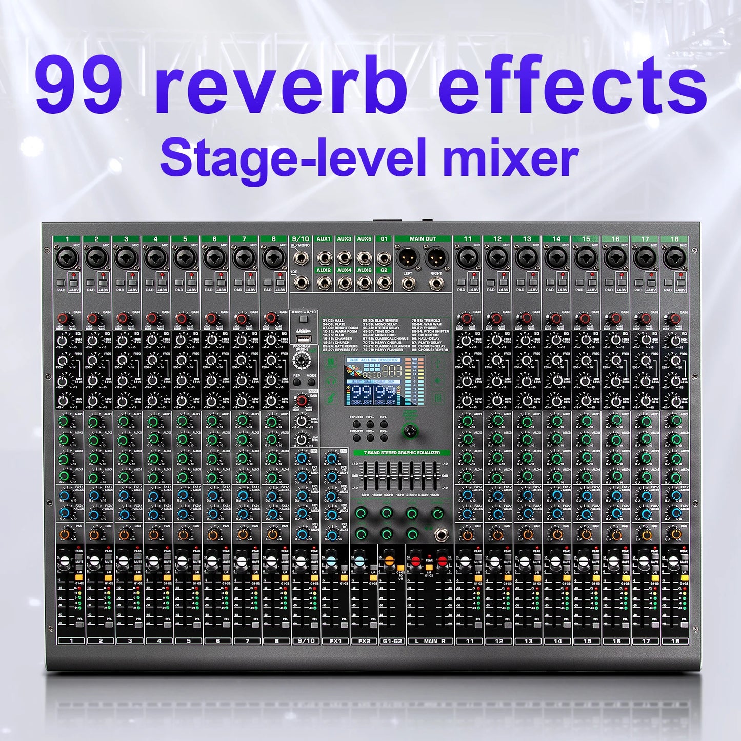 Depusheng Digital Mixer Professional Audio Mixer 18channels with 99bit dps reverb chip Bluetooth USB MP3 for stage bar studio DJ