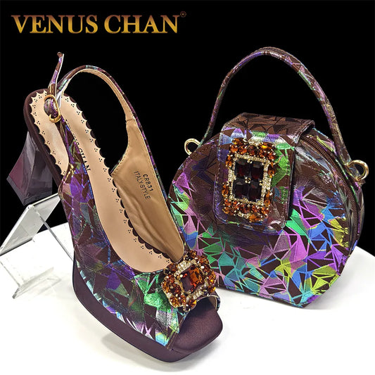 Venus Chan 2025 Elegant Peep-Toe Heels for Women - Perfect Italian Party Shoes & Bag Set with Sparkling Diamond Accents