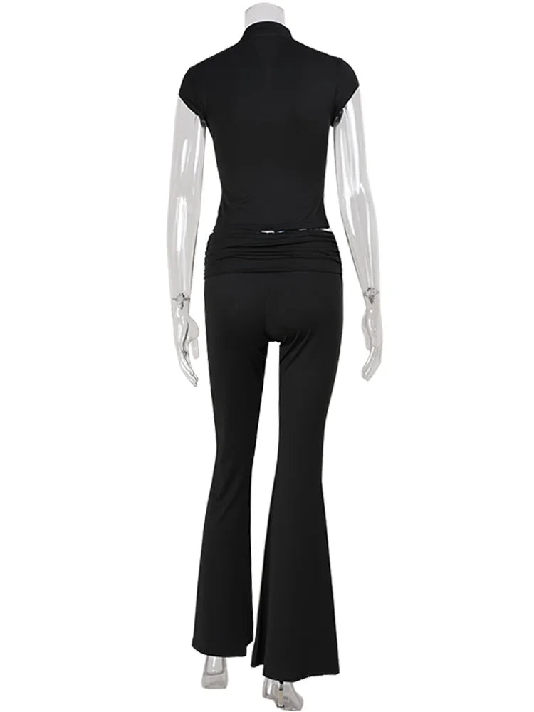 CNYISHE Lace Buckle Women Sets Fashion Cool Half High Collar Short Sleeve Sheath Chic Tees Solid Female Suits Trendy Sexy Pants