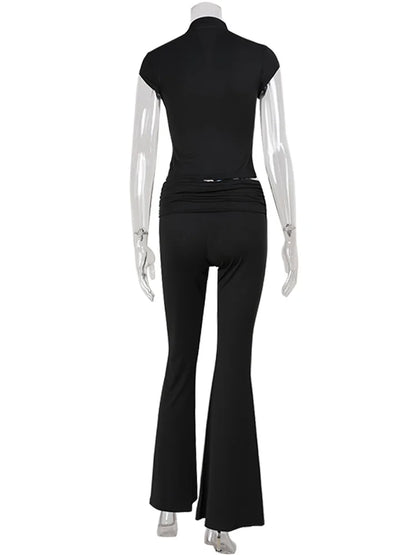 CNYISHE Lace Buckle Women Sets Fashion Cool Half High Collar Short Sleeve Sheath Chic Tees Solid Female Suits Trendy Sexy Pants