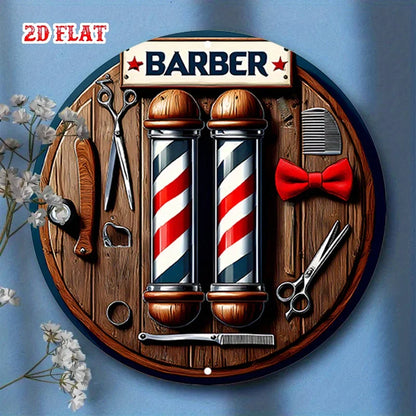 A 2D flat barber shop circular wooden sign - a return design style for homes, garages, restaurants, and cafes