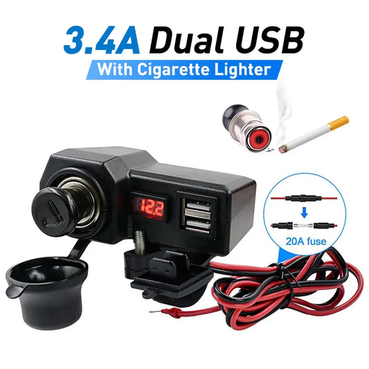 Motorcycle Dual USB Charger with Port Cigarette Lighter Socket Temperature and Voltage Display for Phone Tablet Quick Charging