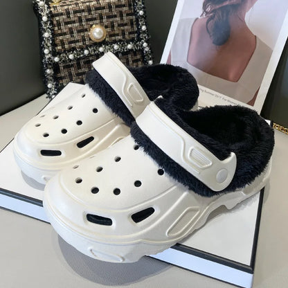 Plush slippers 2025 new winter men's and women's thick high heels soft-soled beach garden shoes home plush ripped slippers