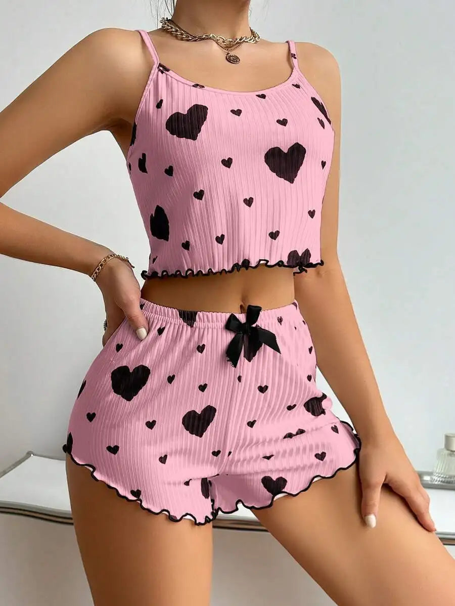 2 Pcs Women's Pajamas Set,Casual Sleepwear Printed Shorts Tank Tops And Shorts White Ventilate Soft Casual Love Printing Suits