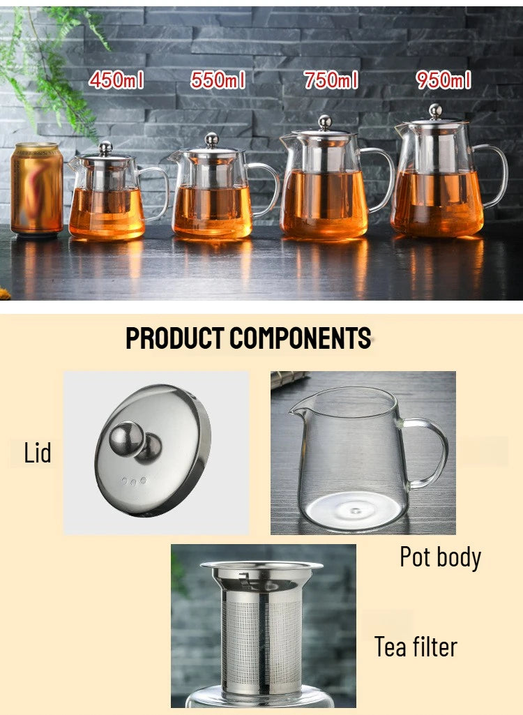 450/1300ML Arshen Filterable Heat-resistant Glass Teapot With 304 Stainless Steel filter Can Heated on Fire Clear Glass Teapot