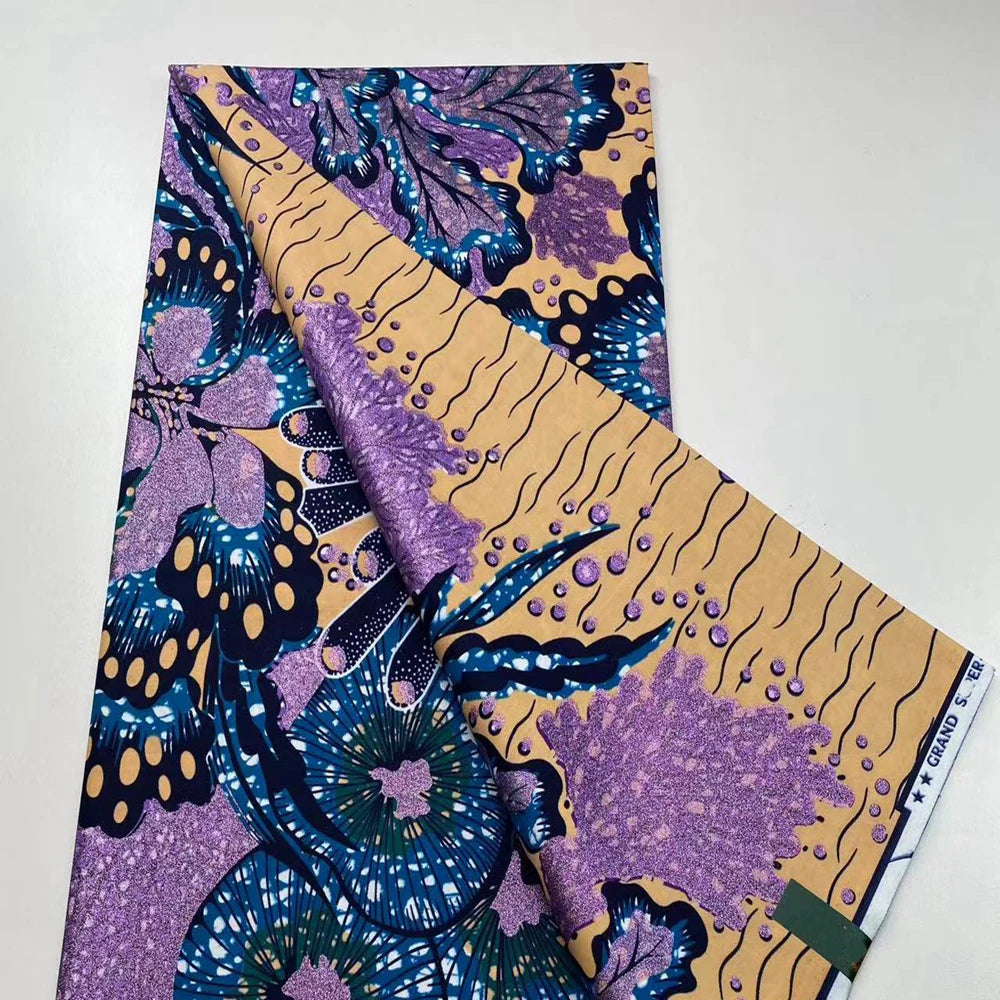 New African Wax Print Fabric Ankara Kitenge Pagne Loincloth Batik Wholesale Golden Glitter Grand 100Cotton Material For Sew 6yar