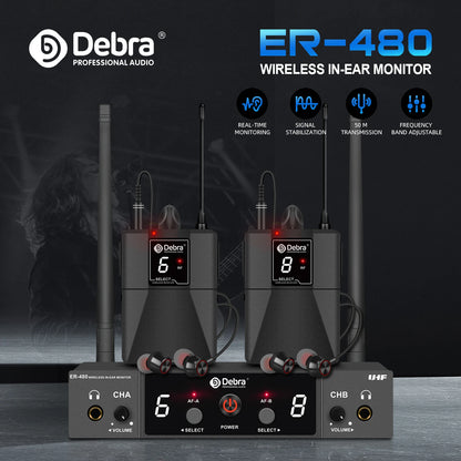Debra UHF ER-480 Professional Wireless In-Ear Monitor System 50M Range Transmission 16 Frequency Adjustment for Church Stage