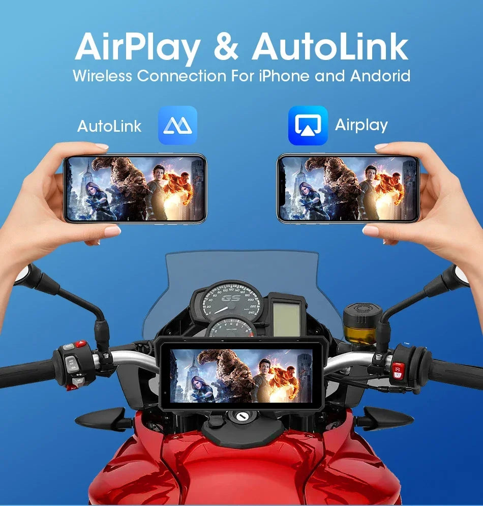 8.1 inch Motorcycle GPS Navigation Wireless Carplay Android Auto IPX7 Waterproof Display Drive Recorder Support 4K+1080P Dual BT