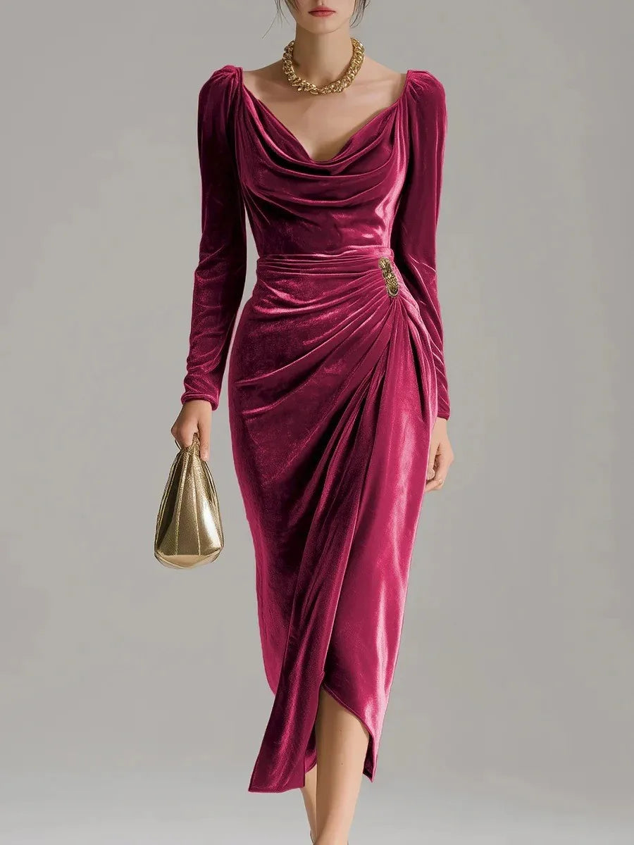 2025 European and American Women's Casual Gold Velvet Sexy New Long-Sleeve Slim Pleated Long Split Bodycon Dress