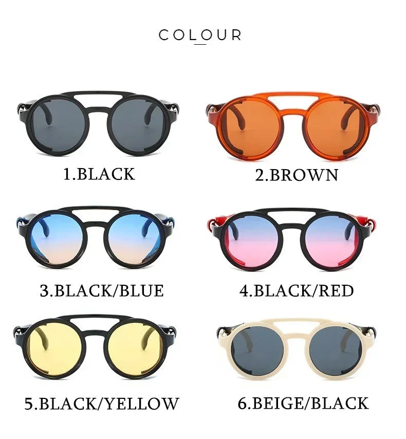 Steampunk Shields Sunglasses Men Women Classic SunGlasses With Side Leather Round Eyewear Pink UV400 Lens