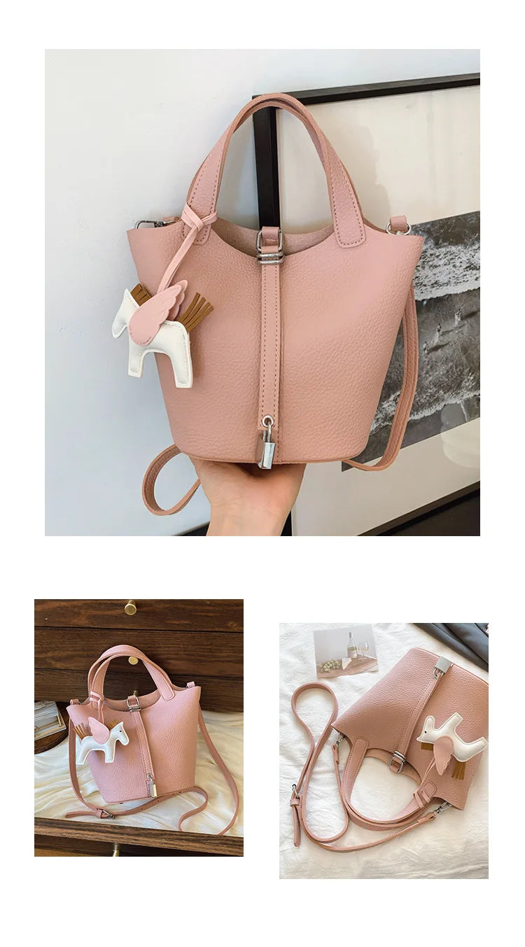 Popular and popular lychee patterned mother and child bucket bag for women, 2025 new casual retro handbag, casual commuting bag