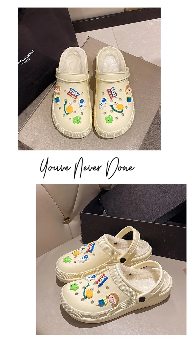 Winter Women Slippers Platform Clogs Warm Furry Slippers Fur Indoor Home Cotton Shoes Female Fluffy Slides Plush Slippers