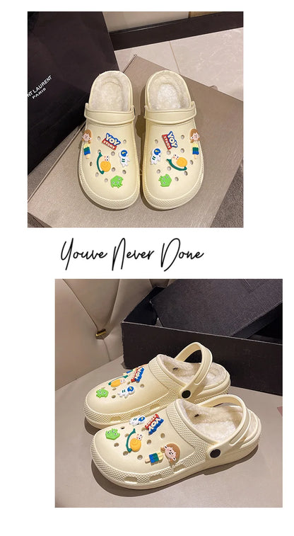 Winter Women Slippers Platform Clogs Warm Furry Slippers Fur Indoor Home Cotton Shoes Female Fluffy Slides Plush Slippers