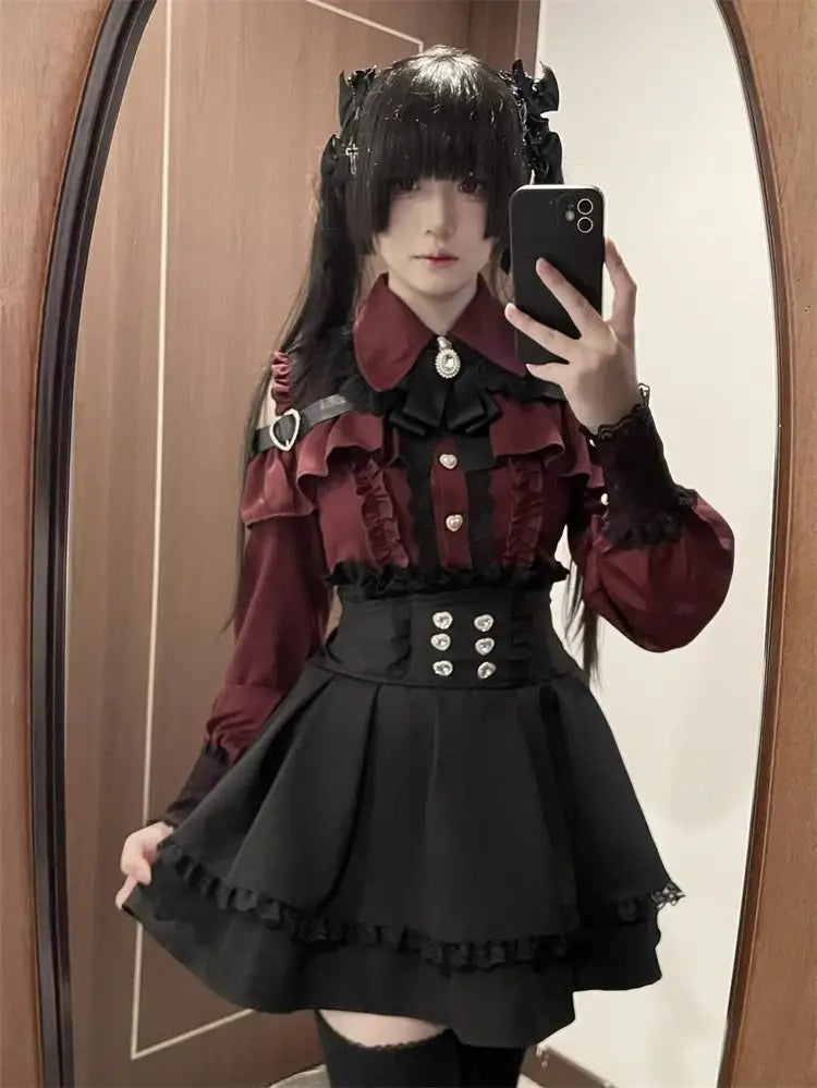 Gothic Women's Clothing Shirt Long Sleeve Lolita Blouse Japanese Bow Tie Sweet Cute Tops Design Streetwear Y2k Retro Blouse New