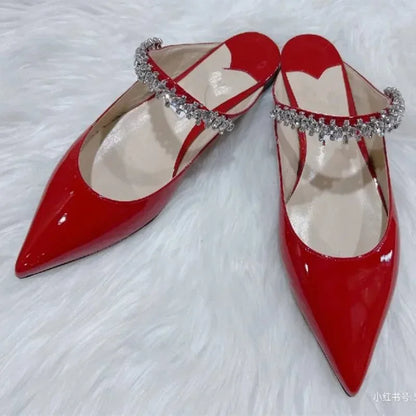 2025 New Fashionable Fine Heeled Muller Shoes with Pointed Water Diamond Chain Banquet Shallow Mouth Women's High Heel Sandals