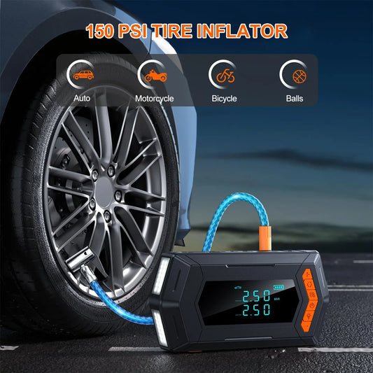 Jump Starter Air Compressor with Power Bank Portable 9000A Battery Booster 150PSI Tire Inflator 12V Car Starting Device