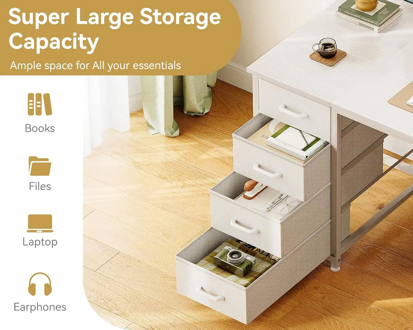 48 Inch White Computer Desk with 8 Fabric Drawers, Modern Office Desk with Large Storage for Home Office, Study,, Customized