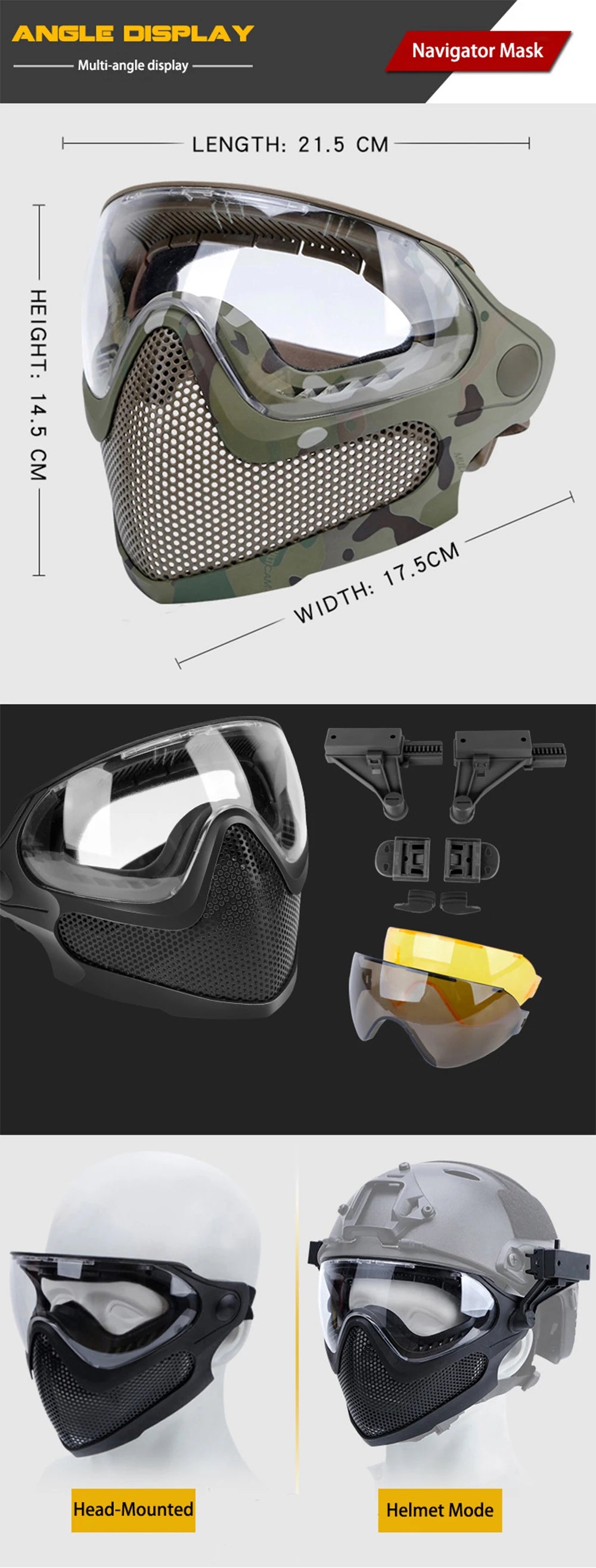 Tactical Full Face Mask Paintball Airsoft Cs Shooting Steel Mesh Breathable Protective Head/ Helmet Wearing Masks Hunting Gear