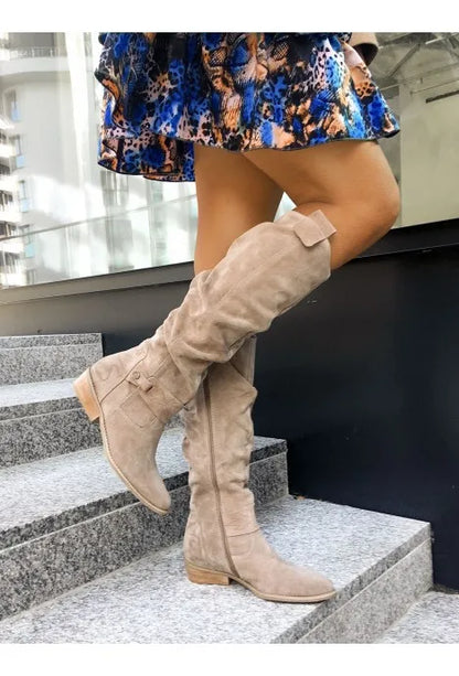 long women's boots Low Heel Side Zip Size 43 Suede Thigh High Women's Boots Retro Woman Booties Autumn Winter Knee High Boots