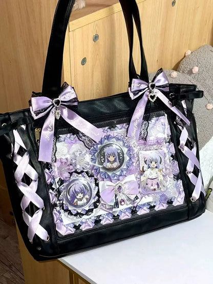 New Ribbon Cute Handbag for Women Large Capacity Transparent DIY Badge One-shoulder Tote Bag Japanese Sweet Girl Ulzzang Ita Bag
