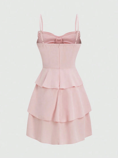 Fashionable women's waist cinched three-layer ruffle edge bow suspender dress