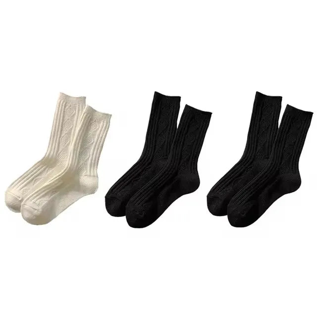 3Pairs Winter Cashmere Wool Socks Women's Winter Diamond Thicken Warm Black White Pack Set Thermal Japanese Fashion Solid Color
