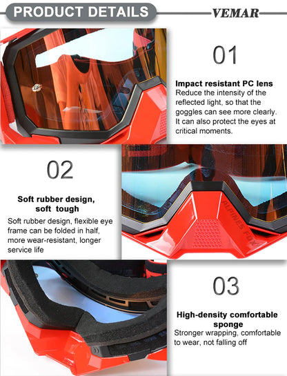VEMAR Motorcycle Goggles Men Dustproof Motocross Helmet Glasses Skiing Gafas MTB ATV Dirt Bike Moto Sunglasses Outdoor Riding