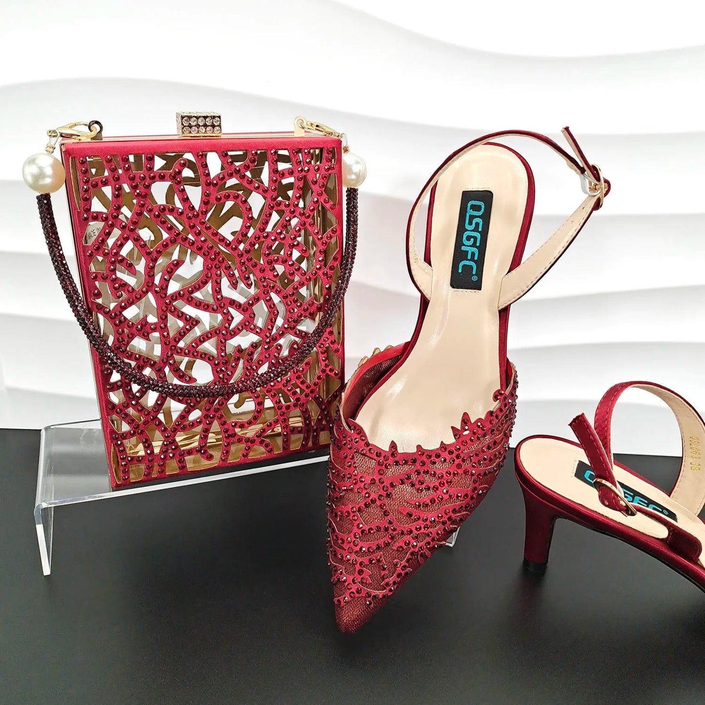 Luxury African Nigerian Bride Party Shoes Sky Blue All Rhinestone Pointed Heels Matching Shoe Bag Set