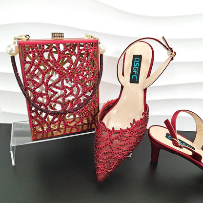 Luxury African Nigerian Bride Party Shoes Sky Blue All Rhinestone Pointed Heels Matching Shoe Bag Set