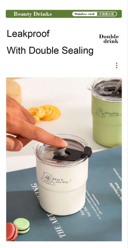300ml Drinking Cup With Straw Portable Stainless Steel Coffee Cups Mug With Lid Heat Resistant Tea Cup Tumbler Travel Mug
