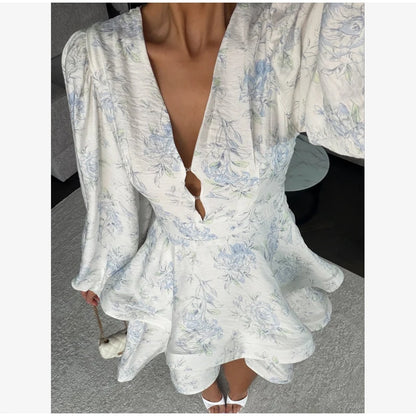 Sexy Deep V-neck Floral Printed  Long Sleeve Women Dress Fashion Waist-cinched Pleated Button-front Vestidos 2026 Daily Outfits
