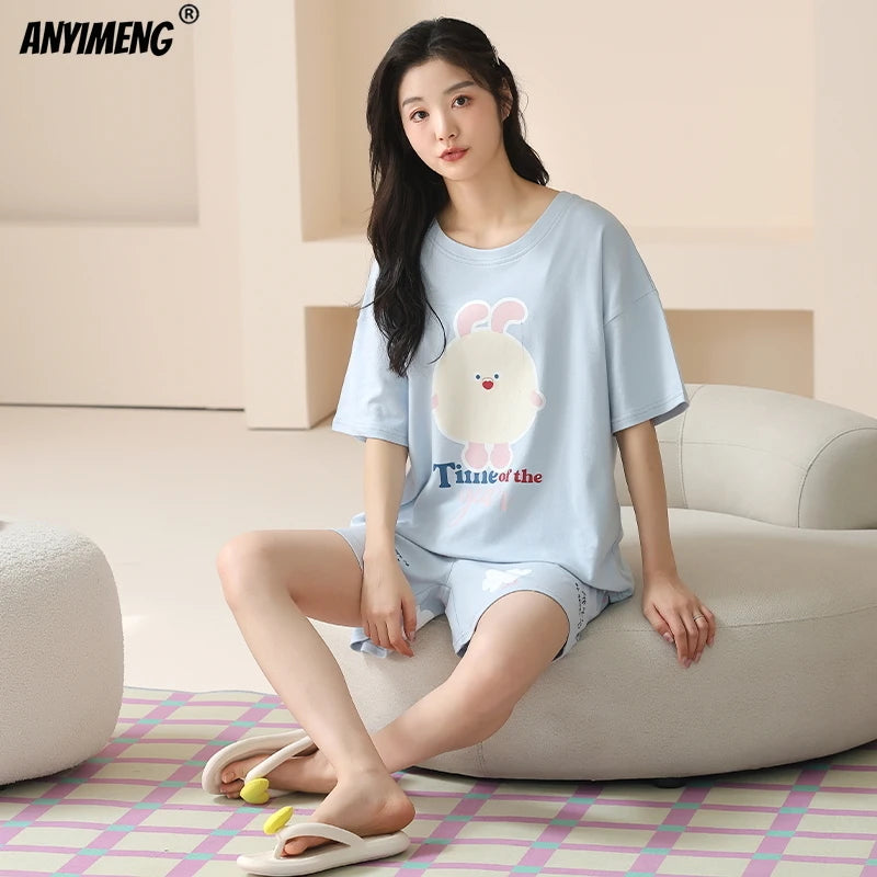 100% Pure Cotton Women Pajamas Summer Cartoon Print Pijamas Girls Nightwear Homewear Short Sleeve Sleepwear O-neck Loungewear