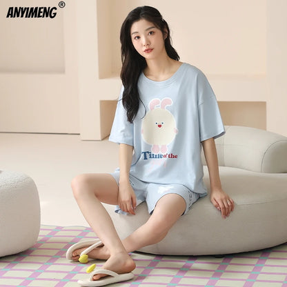 100% Pure Cotton Women Pajamas Summer Cartoon Print Pijamas Girls Nightwear Homewear Short Sleeve Sleepwear O-neck Loungewear