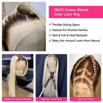 1B 613 Blonde Ombre Human Hair Wigs 13x6 Lace Front Wig Pre Plucked HD Transparent Lace Blond Black Roots Straight 180% Density