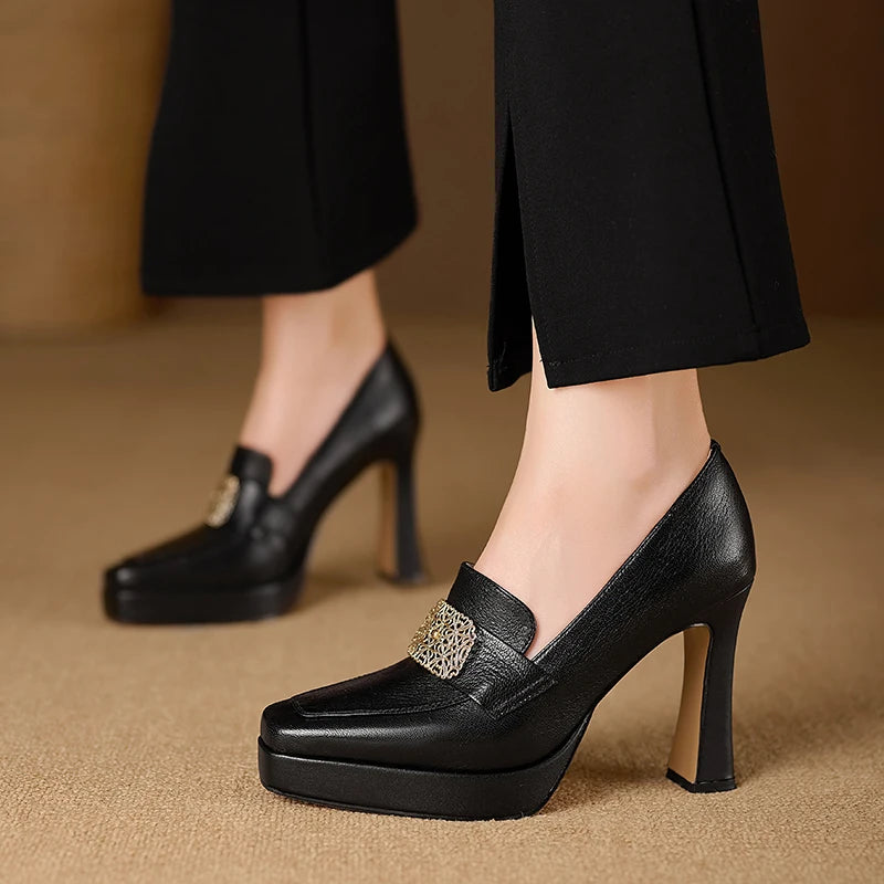 【JOCHEBED HU】Brand Genuine Leather Platform Shoes for Ladies Square Toes Women's Sewing Lines High Heels Leather