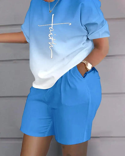Ladies Casual Summer Two Piece Sets Printed Shorts Sets Women Round Neck Short Sleeve T Shirts Pullover High Waist Trousers Suit